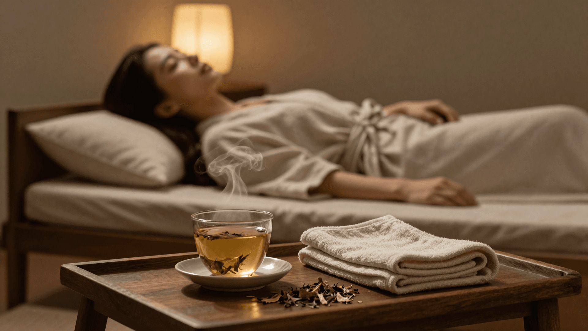 A guest resting peacefully after her Japanese head spa ritual, herbal tea and folded linen on a low wooden table beside her