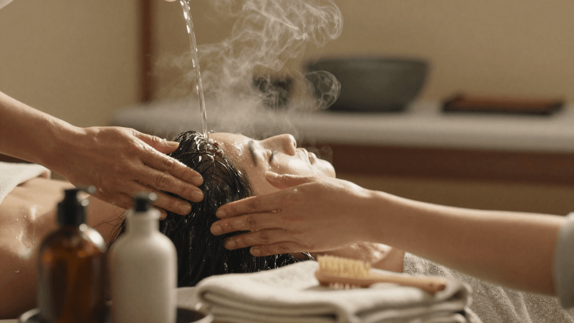 Therapist hands performing a Japanese head spa scalp massage ritual, warm water flowing through hair, steam rising in a candlelit treatment room