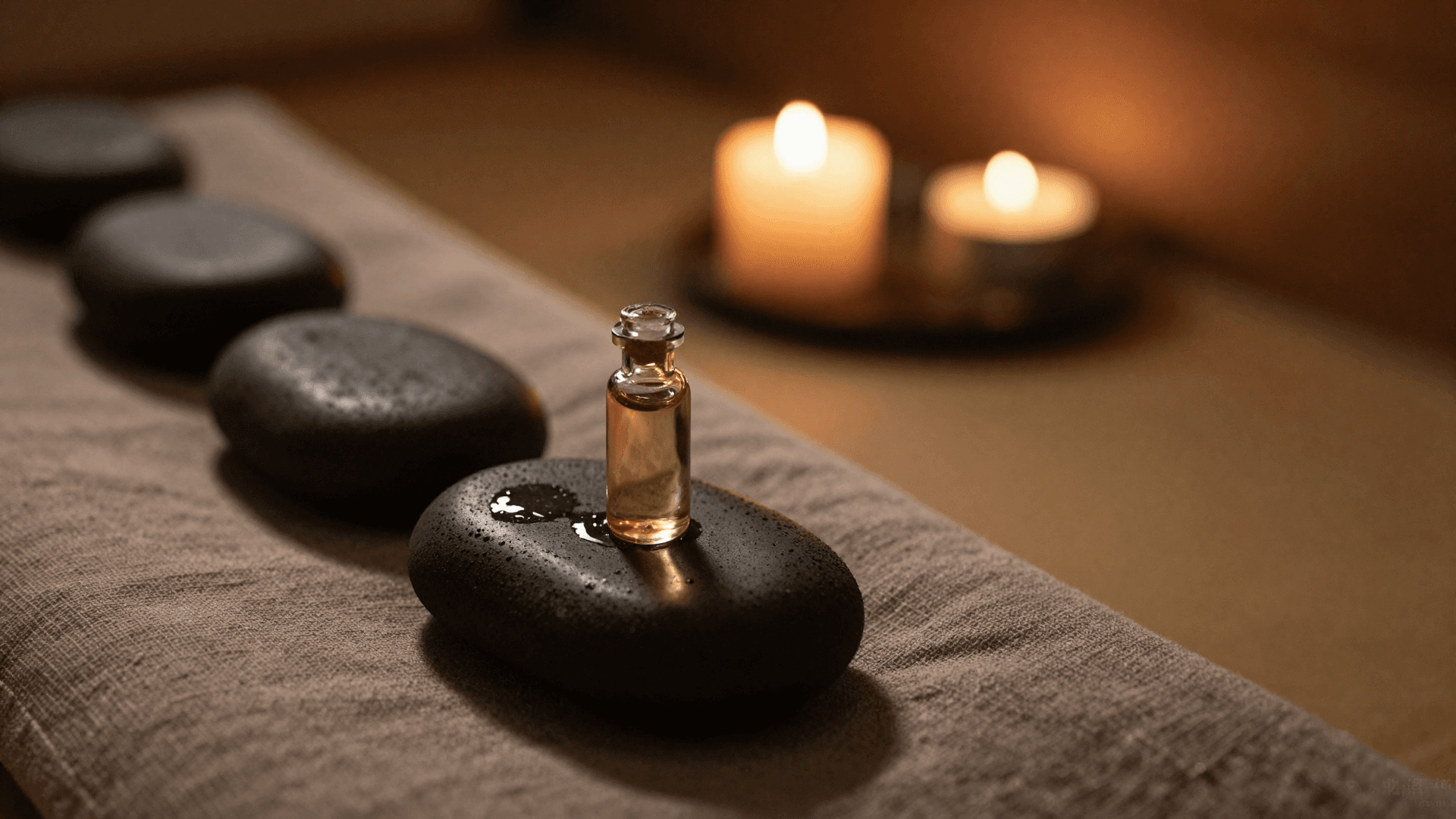 Hands pouring aromatic oils onto warm massage stones