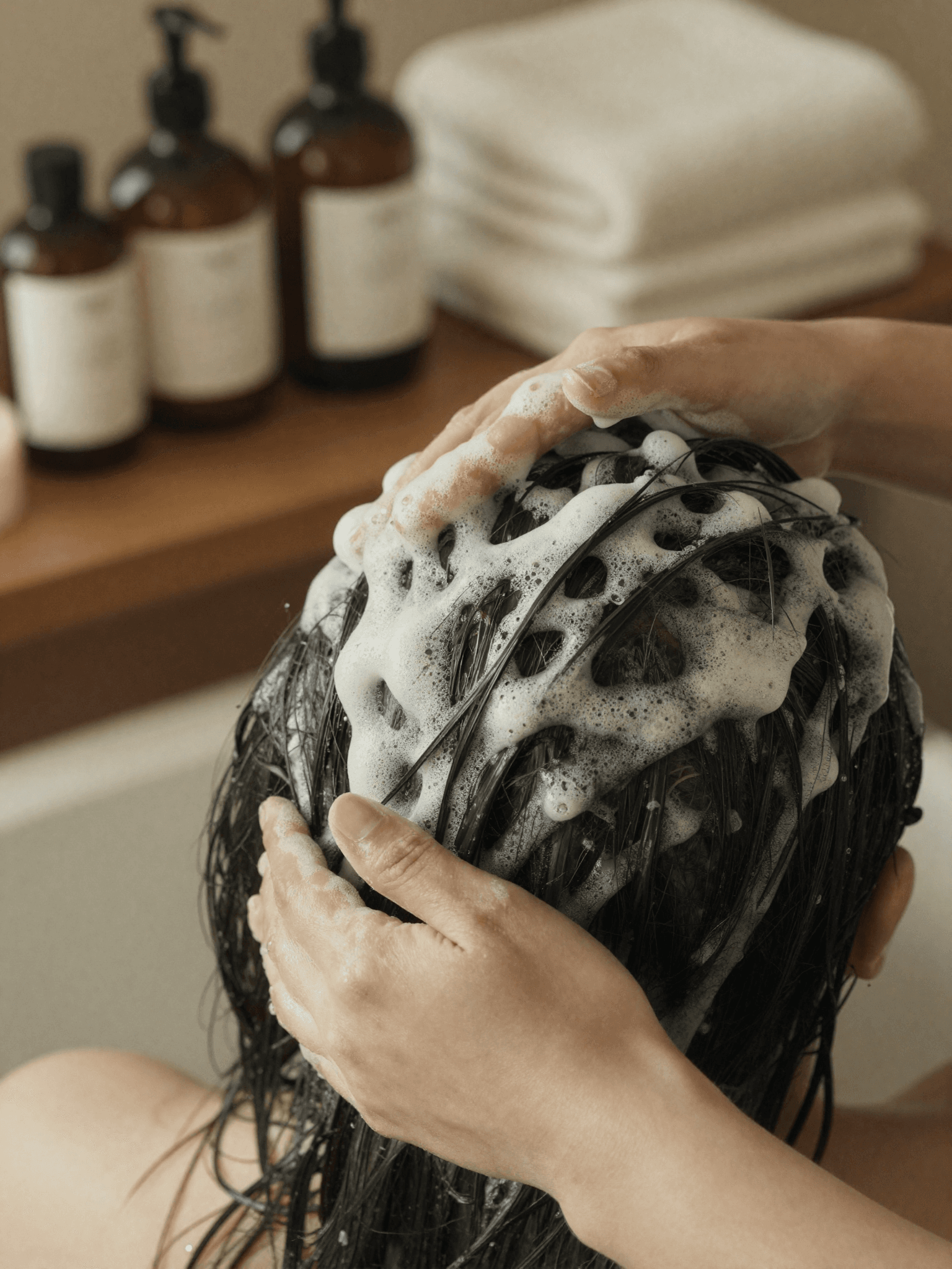 A therapist's hands work a rich botanical lather through wet hair during a scalp cleansing ritual